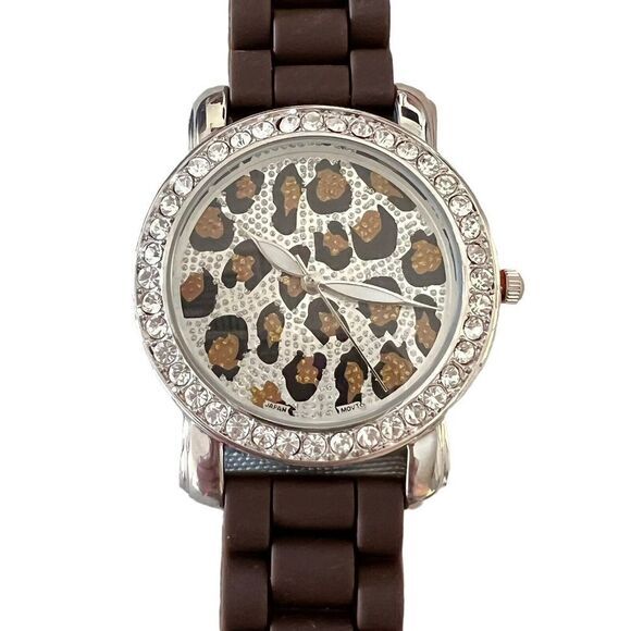 GENEVA PLATINUM 7817 Women's Brown Silicone Band Round Face Animal‎ Print Dial - Picture 1 of 11